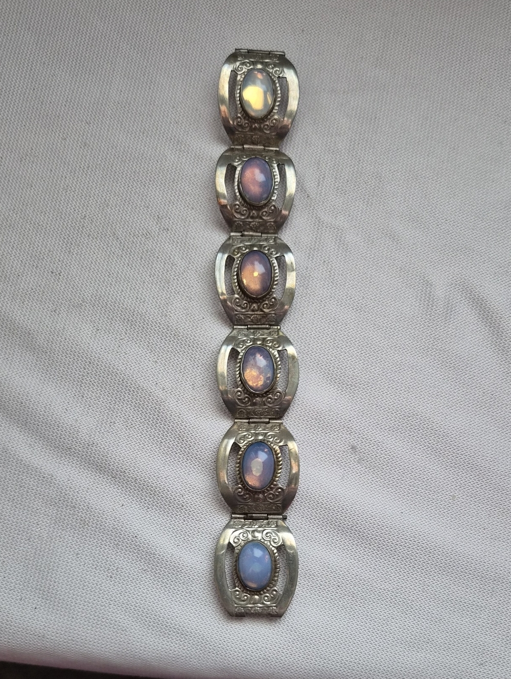 Opalescent Cabochon Silver-Tone Bracelet - Blue-Purple Opal Look